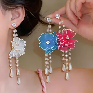 Elegant long drop earrings with colorful silk mesh flowers and teardrop pearl charms