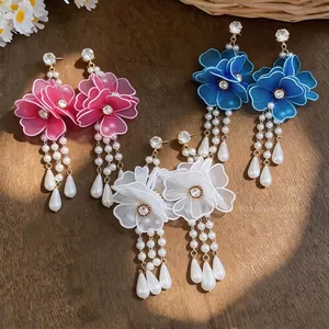 Holiday style mesh flower dangle earrings with elegant water drop pearls and crystals