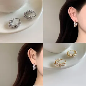 Boucles d'oreilles Créoles en Perles Artificielles Rétro pour Femmes Design Géométrique de Luxe avec Strass Or Argent