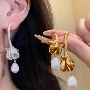 Women Retro Floral Freshwater Pearl Drop Earrings With 925 Sterling Silver Earring Post Alloy Flower Elegant Jewelry Gift