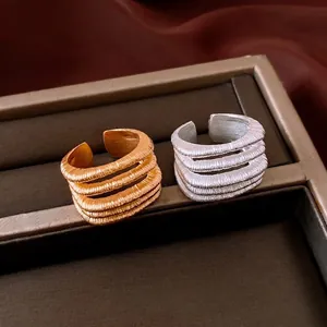 Vintage Multi-layer Ribbed Open Ring For Women High-End Brass Electroplated Adjustable Textured Finger Ring Jewelry Gift