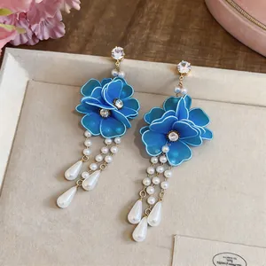 Exaggerated blue silk net flower earrings with elegant pearl tassels and rhinestones