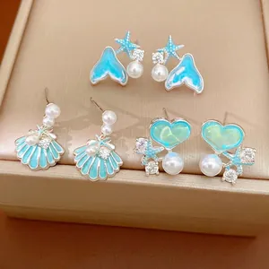 Orecchini a Bottone a Forma di Cuore e Stella Marina Serie Oceano in Rame con Strass Perla Artificiale Perno in Argento