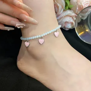 Adjustable beaded anklet with pink heart charms for women, fashion foot jewelry