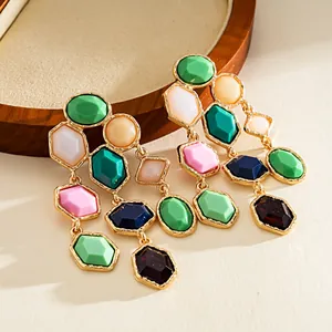 Colorful geometric resin tassel drop earrings in dopamine style with gold trim detail