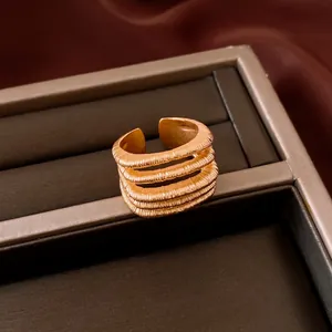 Detailed close-up showing the intricate ribbed texture of a vintage gold multi-layer open ring.