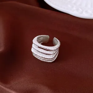 Close-up detail of vintage multi-layer ribbed texture silver open ring for women