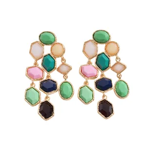 Colorful dopamine-style geometric resin dangling earrings with gold-toned finish