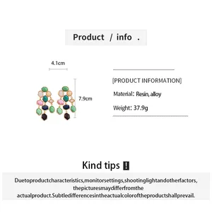 Colorful geometric resin tassel earrings with material specs and 4.1cm x 7.9cm size