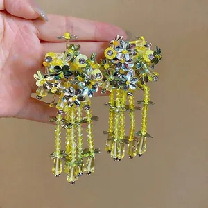 Korean Ins Style 925 Sterling Silver Post Flower Stud Earrings For Women Forest Style Glass Tassel Sequin Rhinestone Jewelry