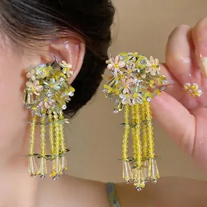 Korean style floral tassel earrings with sequins and yellow glass beads