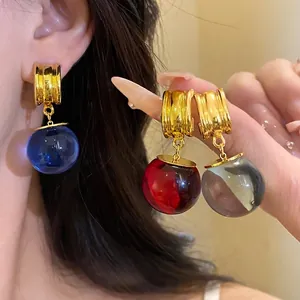 Vintage Resina Rotonda Sfera Orecchini Pendenti Elegante Lega Metallo Semplice Geometrico Argento Perno Orecchini Donna Gioielli