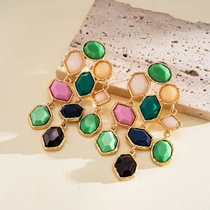 Statement colorful dopamine resin geometric tassel earrings with gold finish