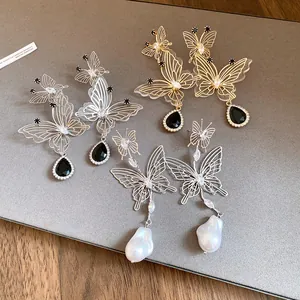 Verschiedene Schmetterling Ohrringe mit Zirkonia, schwarzen Tropfen und Barockperlen