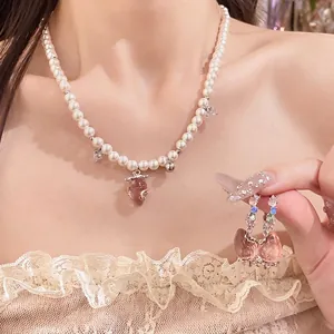 Sweet Girly Pink Strawberry Zirconia Pendant Necklace And Artificial Pearl Earrings Copper Jewelry With 925 Silver Earring Post