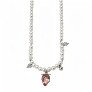 Sweet pearl choker necklace featuring a pink strawberry crystal pendant and leaf charms