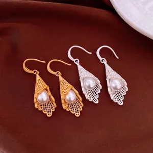 Luxury Copper Zirconia Hollow Lace Artificial Pearl Ear Hook Earrings For Women Elegant Gold Silver Drop Earrings Jewelry Gift