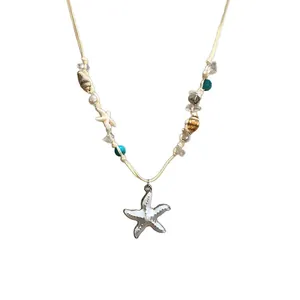Bohemian starfish pearl beaded braided necklace with turquoise and shells for beach vacations