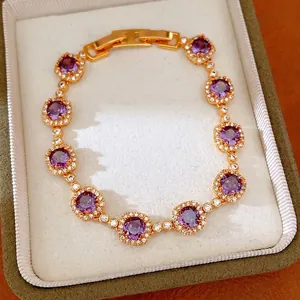 Vintage Real Gold Plated Copper Zirconia Bracelet For Women Purple Geometric Square Round Clasp Light Luxury Exquisite Jewelry Gift