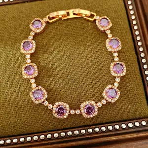 Elegant vintage real gold plated bracelet with purple zircon stones in square settings