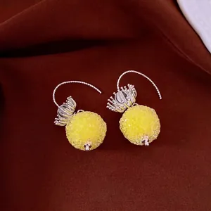 Minimalist yellow crystal bead ball drop earrings with elegant silver floral accent