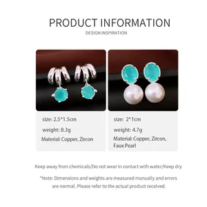 Informazioni dettagliate sui prodotti per orecchini in zircone e perle con dimensioni e pesi.
