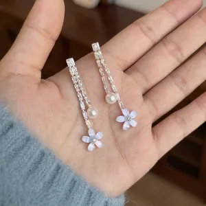 Dolci Orecchini Pendenti In Stile Coreano Con Fiore Blu E Perla Artificiale Orecchini A Bottone Con Nappe Lunghe Per Donna