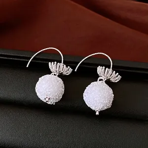 Elegant white crystal round ball drop earrings with silver flower floral ear hooks