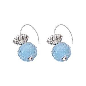 Elegant light blue crystal ball dangle earrings with silver flower cap minimalist design