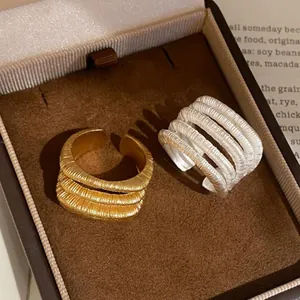 18K Gold Plated Copper Multi-Layer Hollow Square Textured Open Ring For Women Elegant Geometric Statement Index Finger Ring