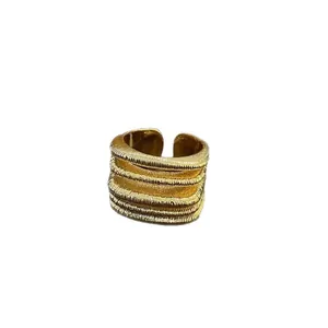 Luxury 18k gold plated multi-layer textured open ring with minimalist square design
