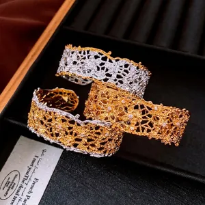 Women Hollow Out Lace Cuff Bangle Vintage Copper Zirconia Bracelet Bohemian Filigree Open Hand Chain Jewelry Accessory