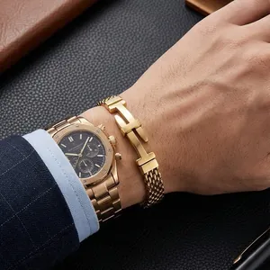 Gold-plated stainless steel woven mesh bracelet for men with iconic H-buckle design.
