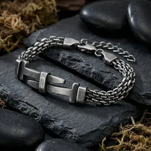 Vintage stainless steel belt buckle mesh woven bracelet for men on black slate