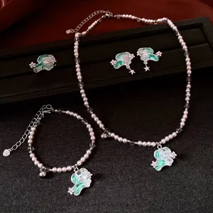 Parure de bijoux en perles mignon chiot avec collier boucles d'oreilles et émail vert