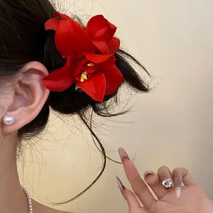 Romantic red fabric flower hair clip for seaside vacation beach style hair accessories