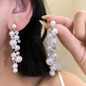 Artificial Pearl Tassel Stud Earrings With Silver Earring Post Rhinestone Inlaid Fashion Dangle Earrings For Women Jewelry