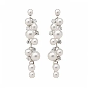 Elegant silver needle pearl and rhinestone tassel earrings for a minimalist luxury look.