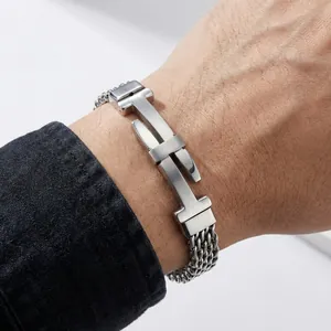 Men's silver stainless steel mesh bracelet featuring a trendy belt buckle design for street style