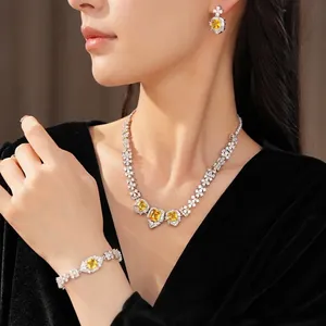 Luxury square yellow zircon jewelry set including necklace, earrings and bracelet