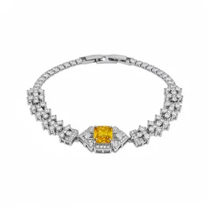 Elegant court style silver bracelet featuring a central yellow square zircon gemstone.