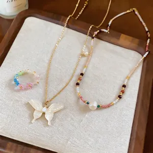 Elegant French style butterfly pendant necklace and beaded pearl jewelry set