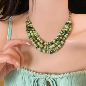 Three-layer green shell beaded necklace featuring a vintage ethnic style choker design
