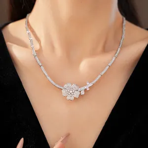 Elegant silver zircon flower pendant necklace worn on neck as a stylish accessory