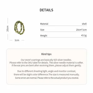 Detailed specifications of shell bead bracelet showing material, size, and weight data.