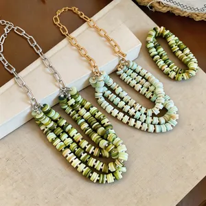 Retro ethnic style shell beaded necklace and bracelet set with green disc beads