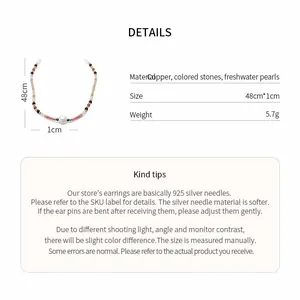 Detailed specifications for French beaded necklace with freshwater pearls and stones.