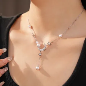 Zirconia Star Moon Tassel Pendant Necklace Copper Artificial Pearl Clavicle Chain Jewelry For Women Silver Tone Luxury Accessory
