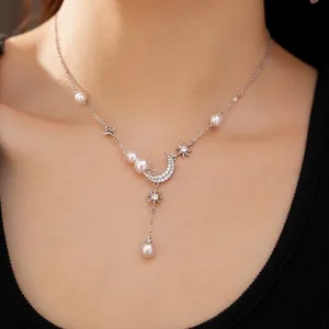 Elegant zircon star and moon tassel pendant necklace with pearls for stylish women