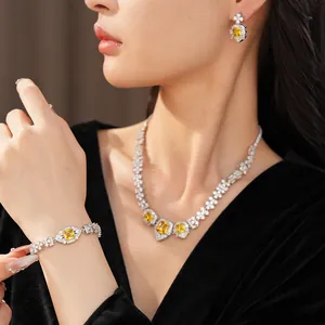 Close-up of model wearing yellow zircon square necklace, bracelet, and earrings set